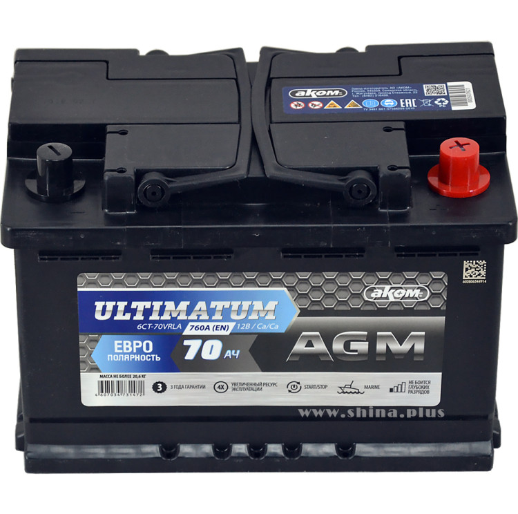АКБ 70Ah Аком Ultimatum VRLA AGM (о.п+) 760А(EN) 12V