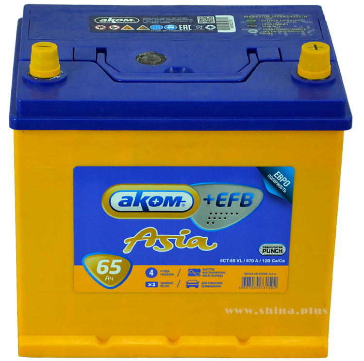 АКБ 65Ah Аком Asia EFB (о.п+) 670А(EN) 12V