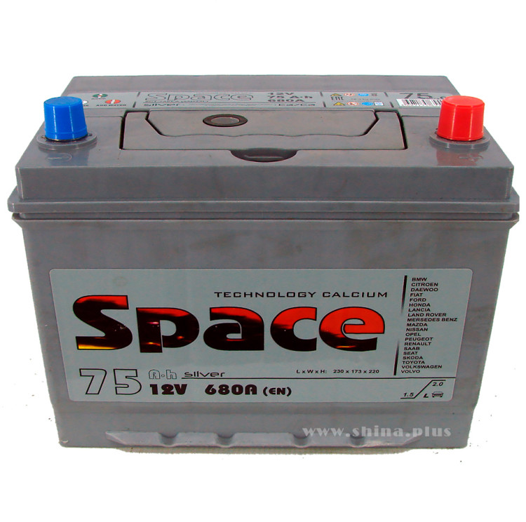 АКБ 75Ah Space Ca/Ca (90D23L)  (о.п.+) 680A (EN) 12V Азия (длина 22см)