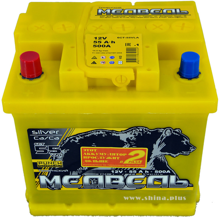 АКБ 55Ah Тюм. медведь желтый  (+п.п.) 500А(EN) 12V (малый корпус)