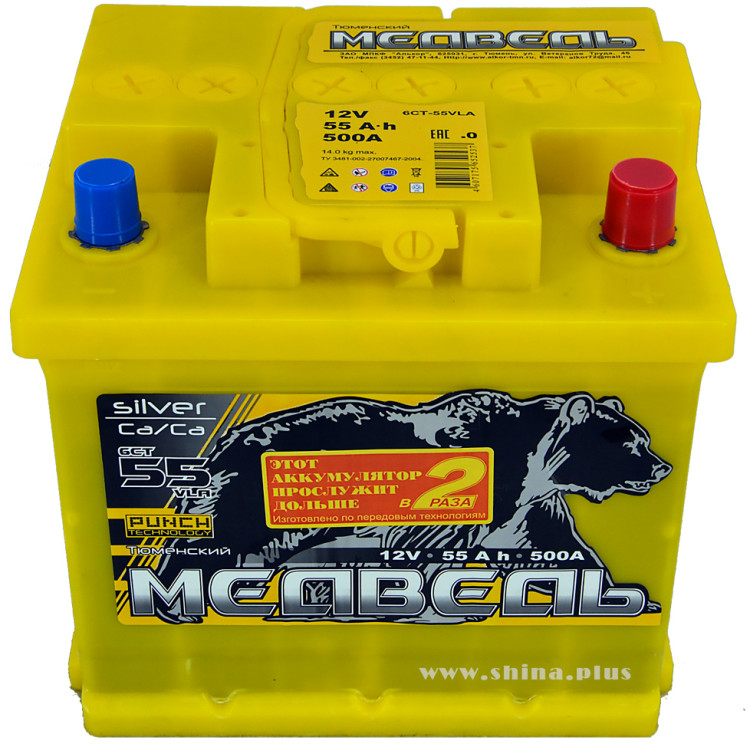 АКБ 55Ah Тюм. медведь желтый  (о.п.) 500А(EN) 12V (малый корпус)