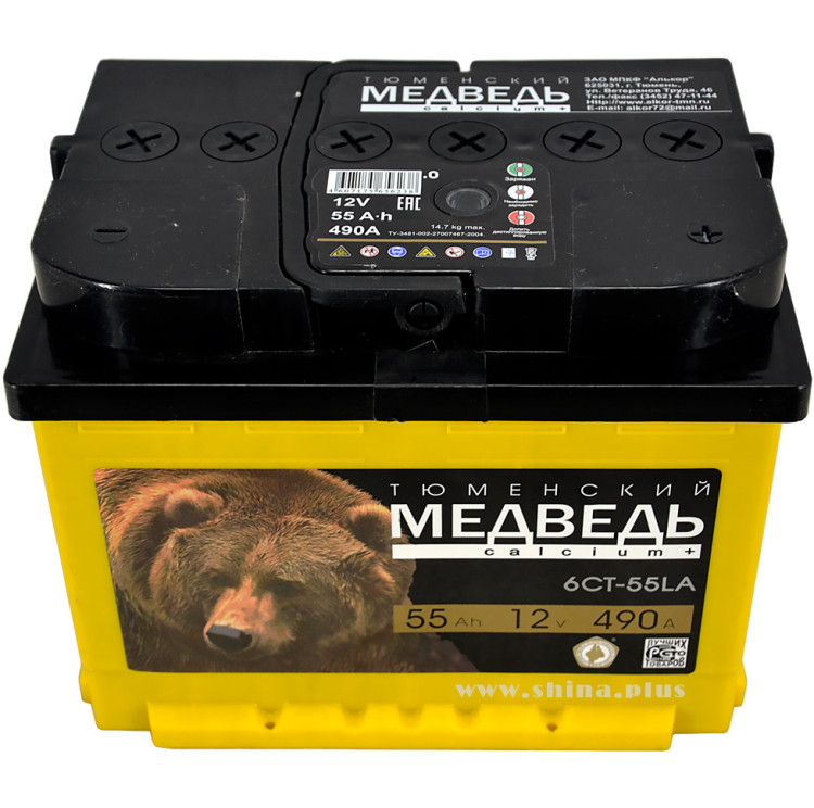 АКБ 55Ah Тюм. медведь жёлтый (о.п.+) 490А(EN) 12V