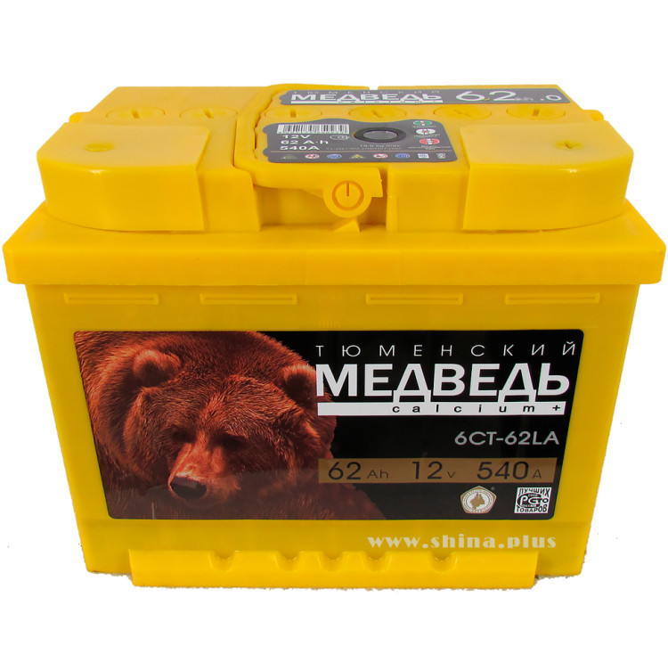 АКБ 62Ah Тюм. медведь оранжевый (о.п.+) 540A 12V пробки